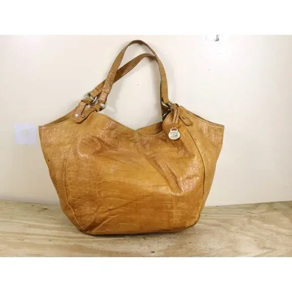 Brahmin HOBO TOTE Croc Embossed L JACQUELINE Brown Yellow Leather Shoulder Bag