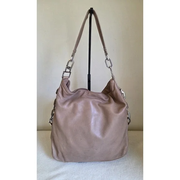 TORY BURCH Tan Beige Soft Leather Slouch Hobo Handbag Logo Metal Accents