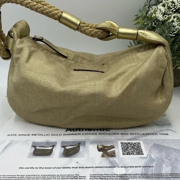 Authenticated‎ Kate Spade Gold Metallic Glitter Canvas Leather Gabi Avalon Hobo