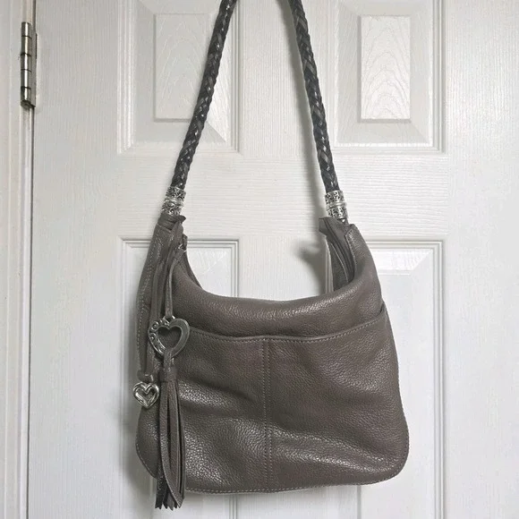 BRIGHTON Pewter Gray Pebbled Leather Hobo Bag Purse Braided Strap