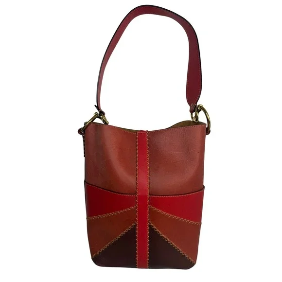 FRYE Ilana Red Color Block Bucket Hobo Bag Purse RARE Boho Western‎