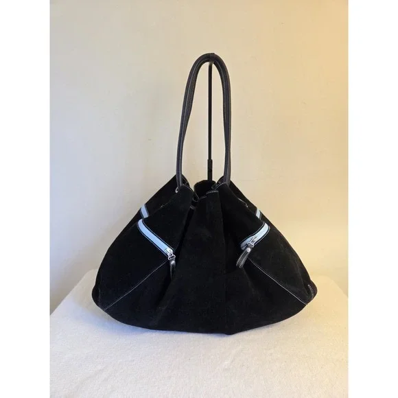Cole Haan Black Suede Bucket Bag Drawstring Hobo Large Leather Handle Blue Trim
