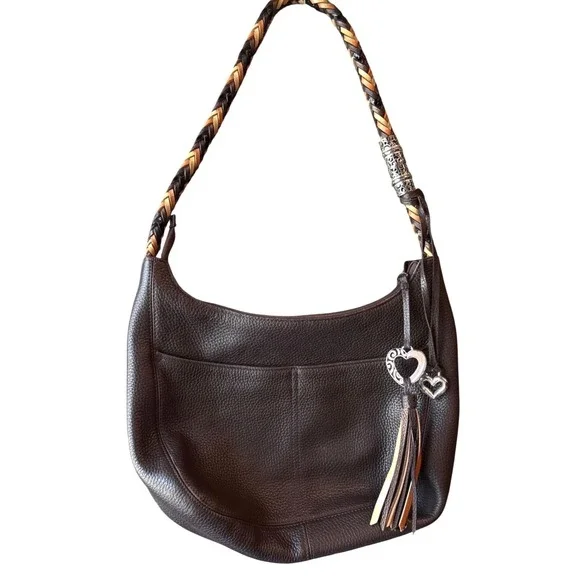 Brighton Brown Pebbled Leather Braided Strap Hobo Shoulder Bag