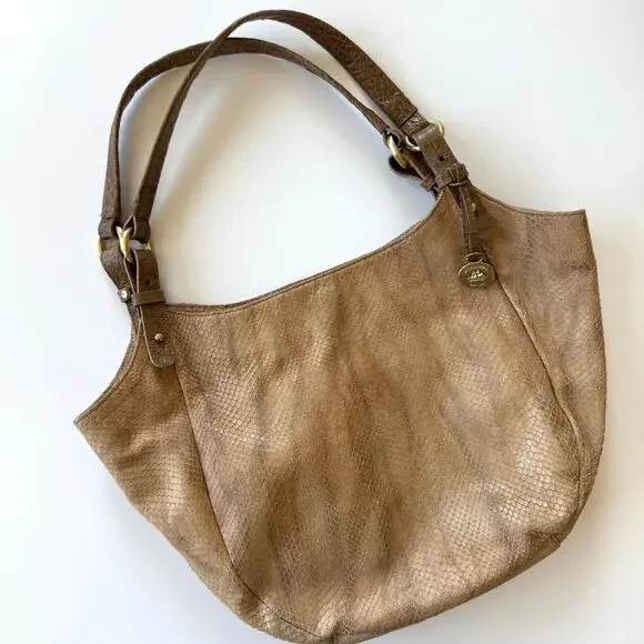 BRAHMIN Snakeskin Embossed Leather‎ Hobo Shoulder Bag Tan Neutral Boho Textured