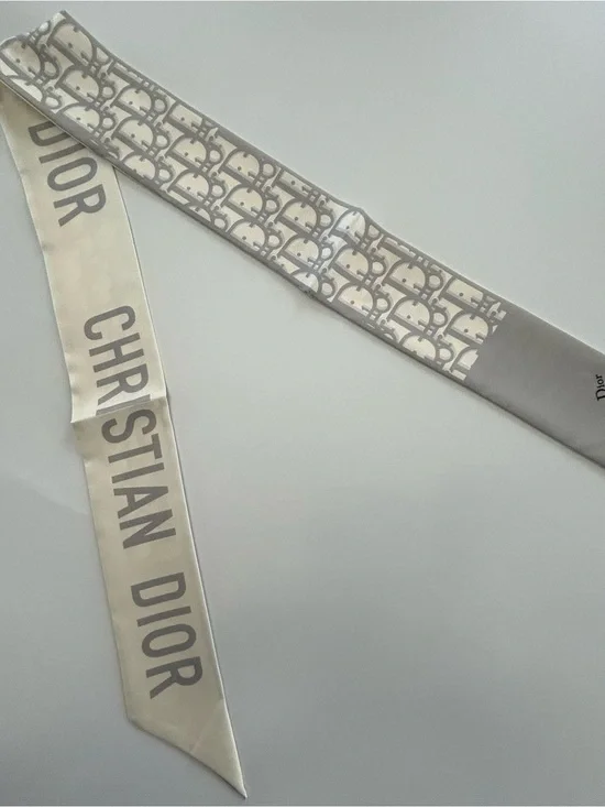 Christian Dior Gray Oblique Logo Scarf Ribbon Neck Hair Bag Wrap Accessory