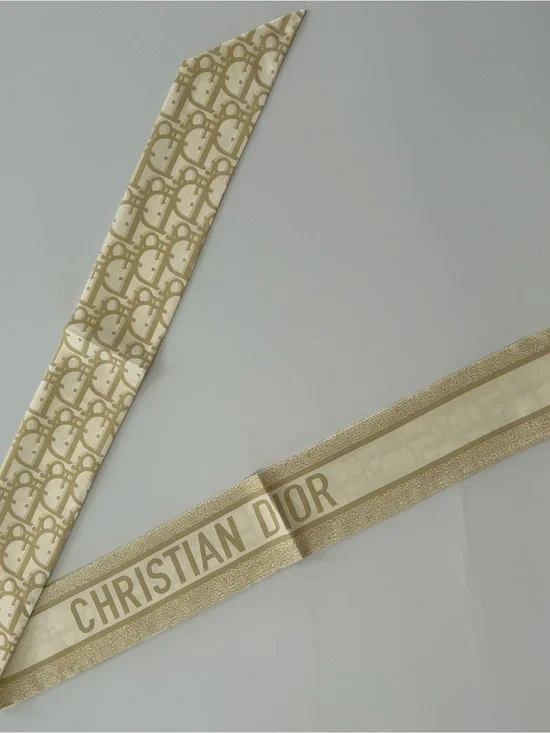 Christian Dior Beige Oblique Mitzah Twilly Scarf Monogram Logo Ribbon Wrap