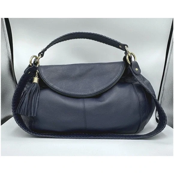 Onna Ehrlich Rachel Navy Blue Pebbled Leather Fold-Over Bag Tassel‎ ASO Cam Diaz