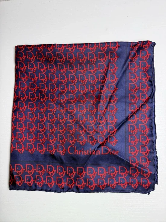 Christian Dior Silk Scarf 18in Trotter Monogram Logo Navy Red.