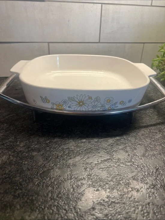 Corningware White Casserole Dish A-10-B with FLORAL BOQUET PATTERN and Trivet