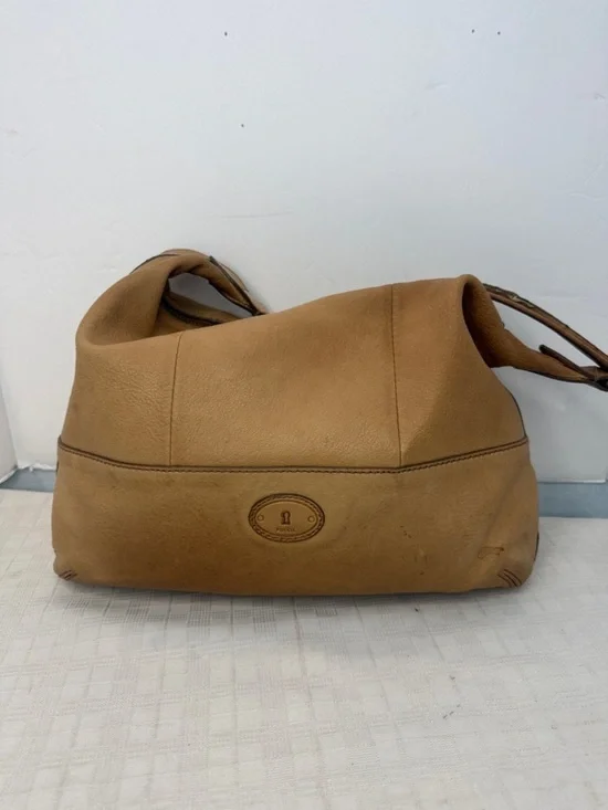 FOSSIL Medium Tan Brown Leather Buckle Pocket Large Hobo Shoulder Bag Purse EUC.
