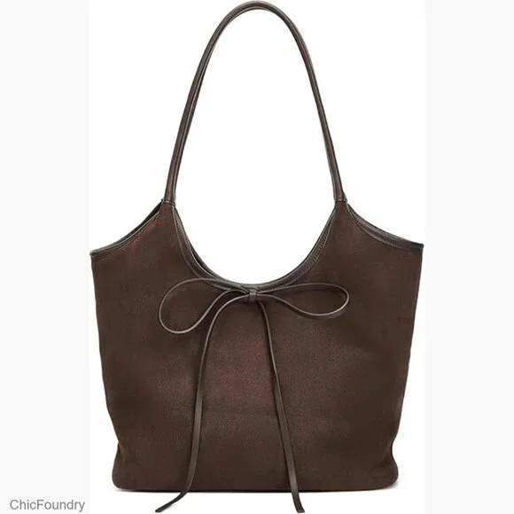 Large Capacity Suede Hobo Shoulder Bag with Bow Detail and Magnetic Closure