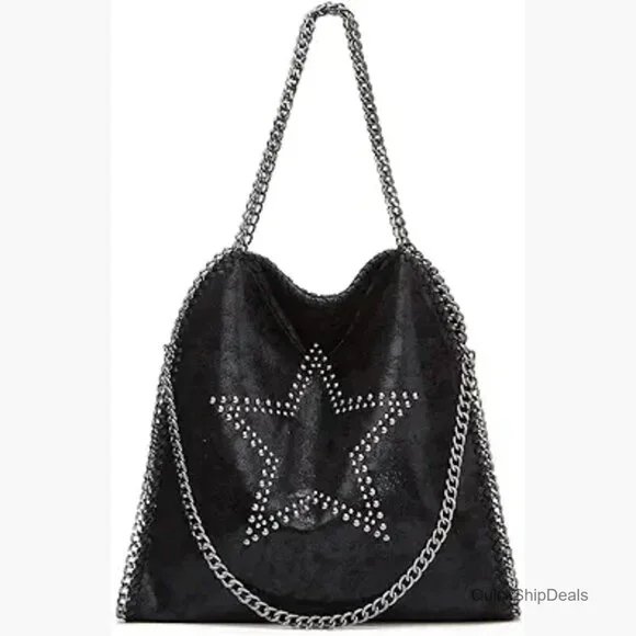 Oversized Chain Hobo Bag with Studs Faux Leather Shoulder Tote