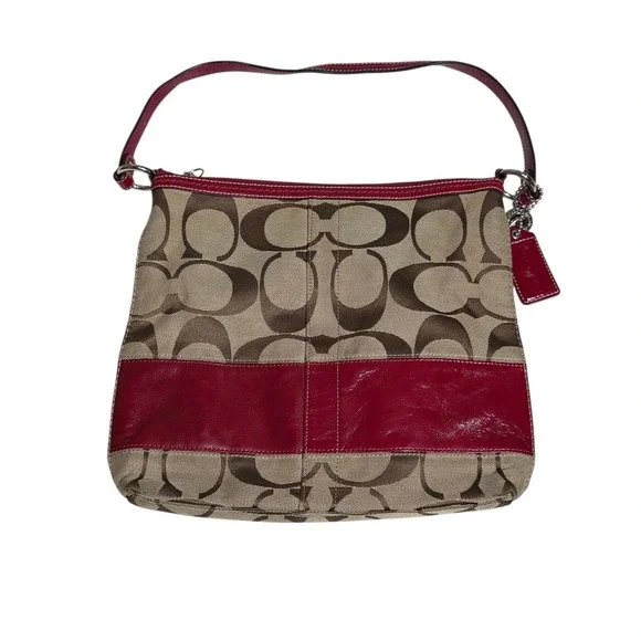 Coach Signature‎ Canvas Shoulder Bag Red Leather Trim Zip Hobo Purse
