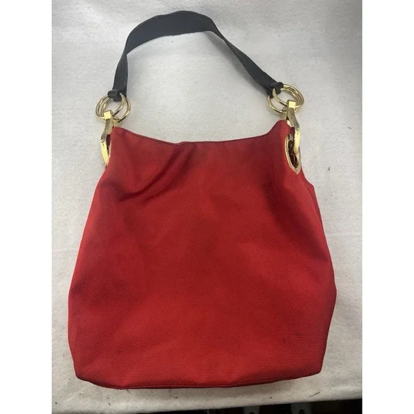 JPK Paris 75 Red Hobo Bucket Shoulder Tote Bag Women's Nylon Leather Strap