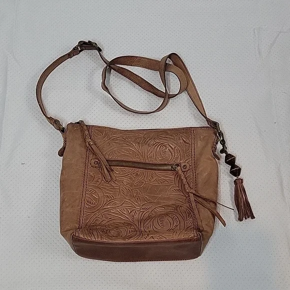 The Sak Brown Leather ASHLAND Embossed Crossbody Purse with Brass Hardware