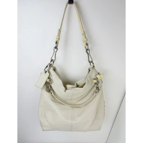 Coach Ivory Leather Hobo Shoulder Bag Snakeskin Trim Zip Top Women 14820‎