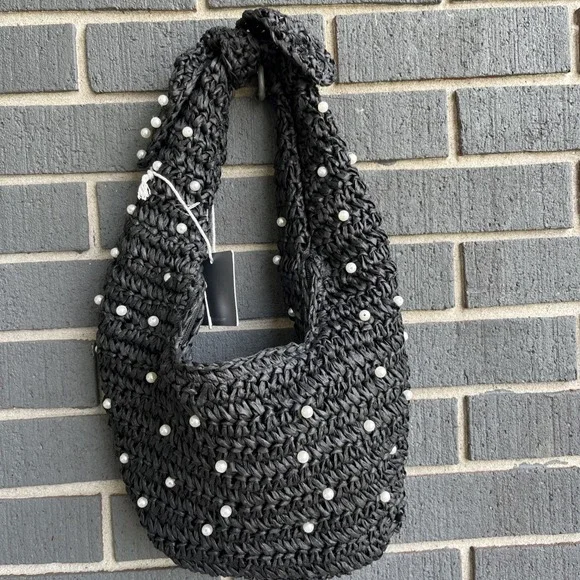 NWT Haute Hippie Beaded Hobo Bag Black with Pearl Accents Women's Handbag