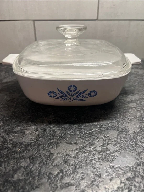 1qt Corningware Casserole Dish with Cornflower Blue Floral Motif and Glass Lid