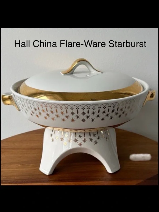 Hall China Starburst Flare Ware Casserole Pedestal Set Atomic MCM Gold Lid Dish