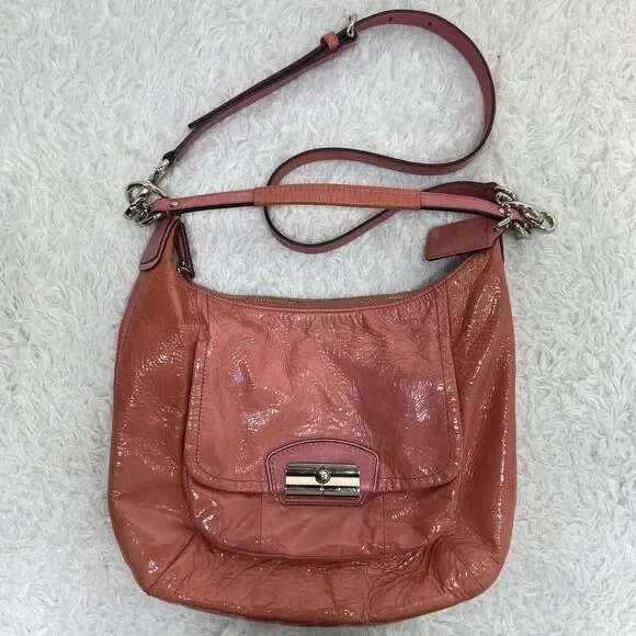 Coach Kristen Coral Pink Patent Leather Hobo Shoulder Handbag # 19299