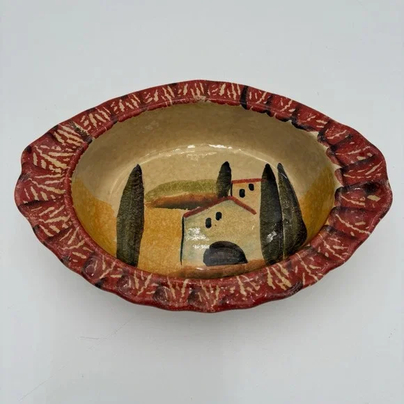 ITALICA ARS Hand Painted Pottery 8-1/2 x 6 Oval Oven Bowl, Italy‎