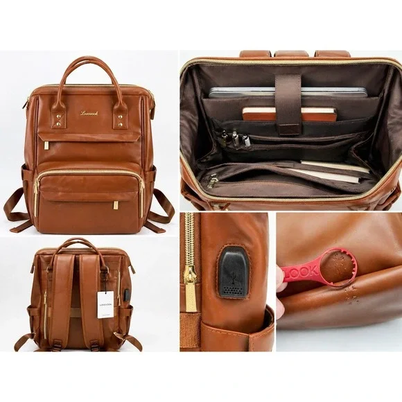 LOVEVOOK Brown Faux Leather Laptop Backpack USB Work Travel‎ Bag Multi Pocket