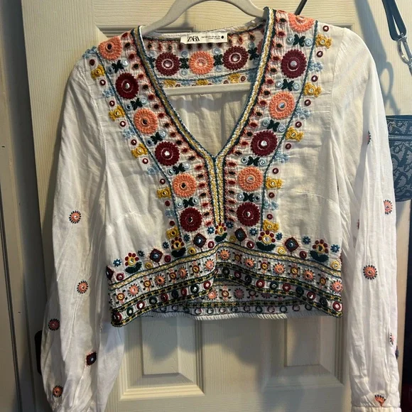 Zara Red and Black‎ Embellished Long Sleeve Blouse