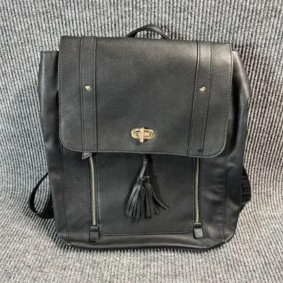 Faux Leather Black Backpack Laptop Bag Casual Work Business Pockets Straps 16x15