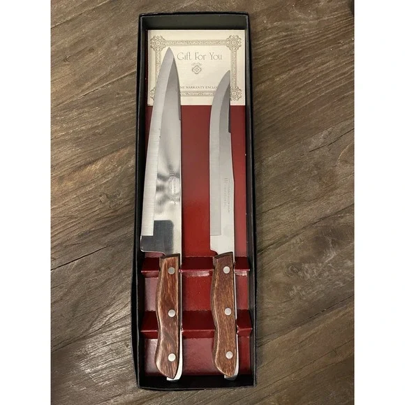 Vintage Stainless Steel Chef's Knife &‎ Carving Knife Set-Wood Handles-Box Set