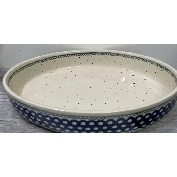 Bolesławiec Polish Pottery Peacock & Polka Dot Large Oval Baker‎ 14 Inches