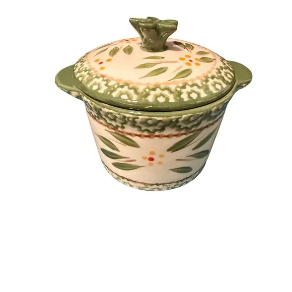 Temp-tations by Tara Old World Green 8 oz Lidded Ramekin Hand Painted Ceramic