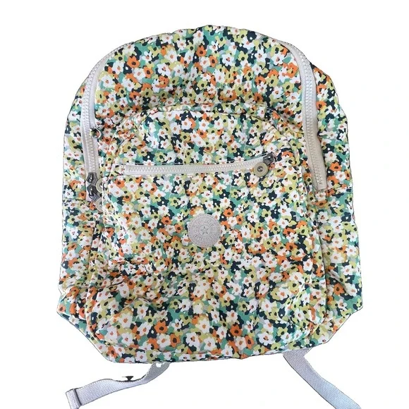 Kipling Laptop Computer Backpack, Fresh Floral Beige Green Orange Commuter Bag