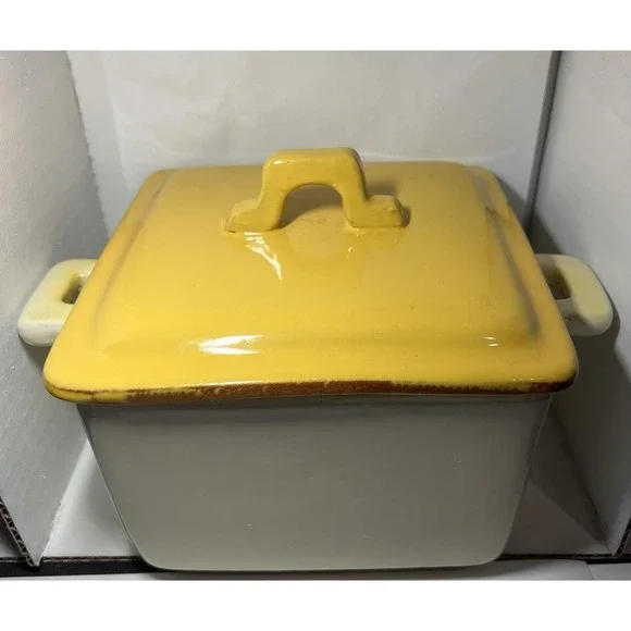 Vietri Square Covered Casserole 2 Qt Yellow Cream Terra Cotta READ