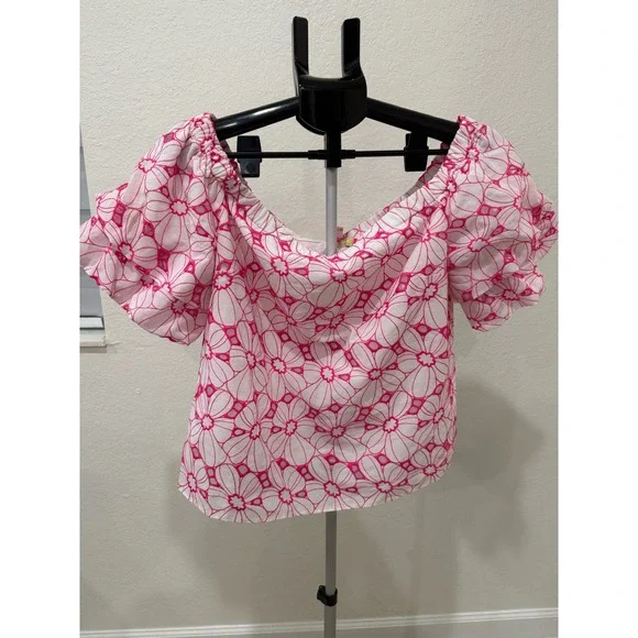 Lilly Pulitzer Lesley Top Raz Berry Botanical Chiffon Eyelet Pink White L NWT