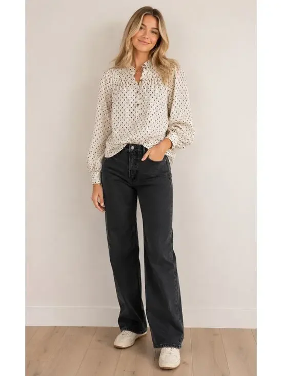 Old Navy Puff Sleeve Black Clip Dot Henley Blouse Size XXL Cream 100% Cotton