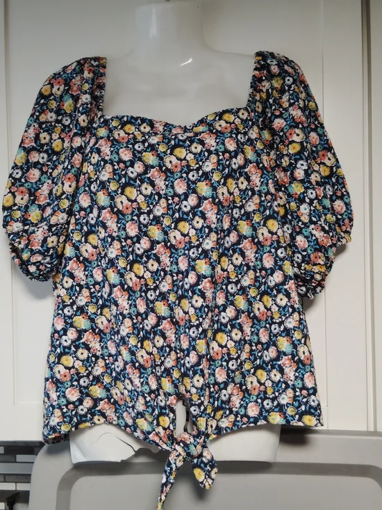 Loft Floral Puff-Sleeve Tie-Front Blouse Sz- L