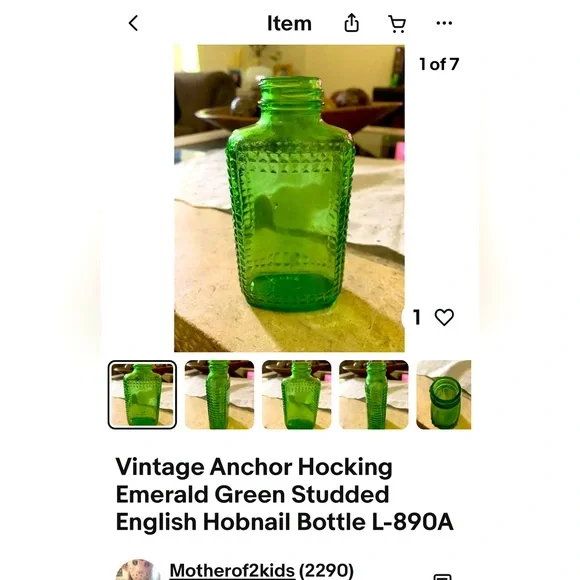 Vintage anchor hocking Emerald‎ Green studied English hobnail bottle.