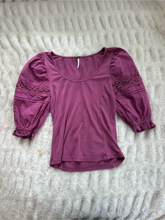 Free People Purple Puff Sleeve Scoop Neck Top Size S