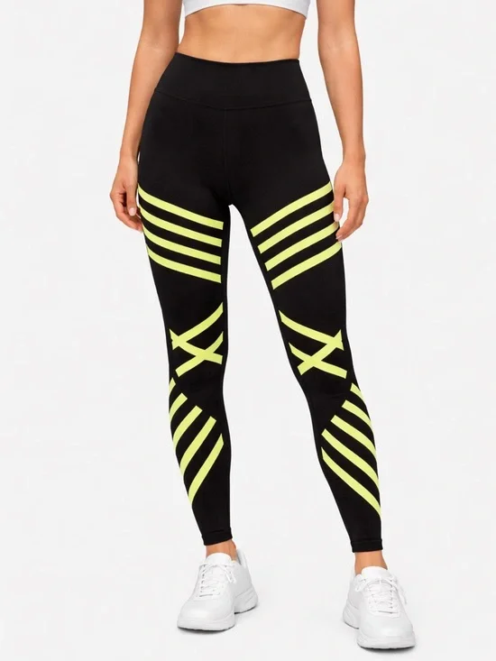 ALO YOGA High Waist Leggings Black Neon Yellow Striped Athletic Pants Size M‎