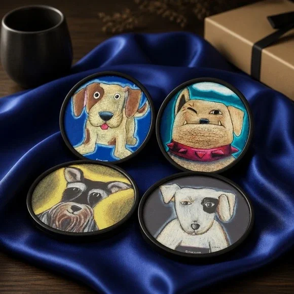 Dog Coasters Set of 4 Puppies Drinks Coasters for Coffee Table