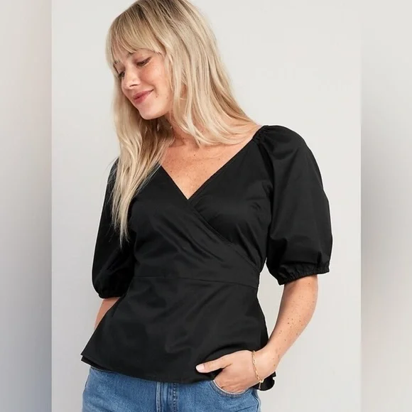 NWOT! Black Puff-Sleeve Smocked Wrap Blouse for Women - Multiple Sizes 💿