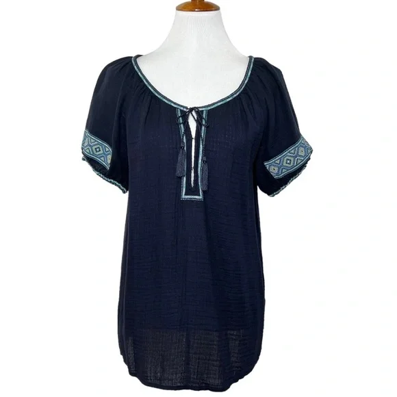 J. Crew Embroidered Tie Neck Navy Blue Short Sleeve Peasant Blouse
