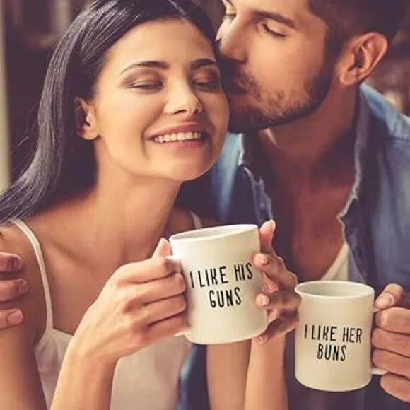 Pair of Guns and Buns Funny Mugs for‎ Couples Husband and Wife Coffee Mugs Gift