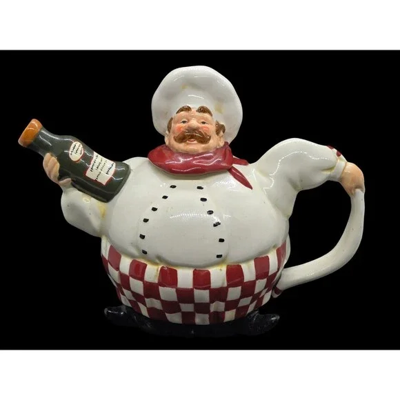 Vtg Davco Silver Lt Ceramic Fat  Chef  Wairer Decorative Teapot Hold Wine Bottle