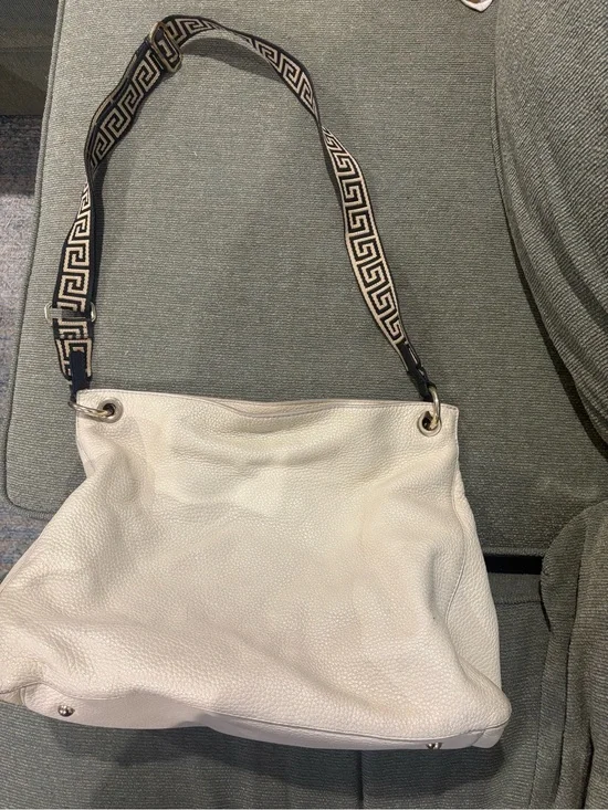 Mark & Graham Cream Pebbled Leather Shoulder Bag with Patterned Strap