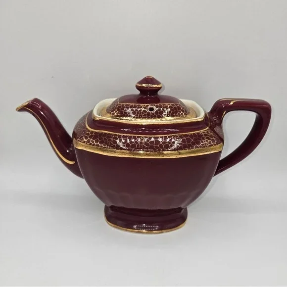 Vintage Hall China Maroon Gold Crackle Teapot 0113 6 Cup Ceramic Made in‎ USA