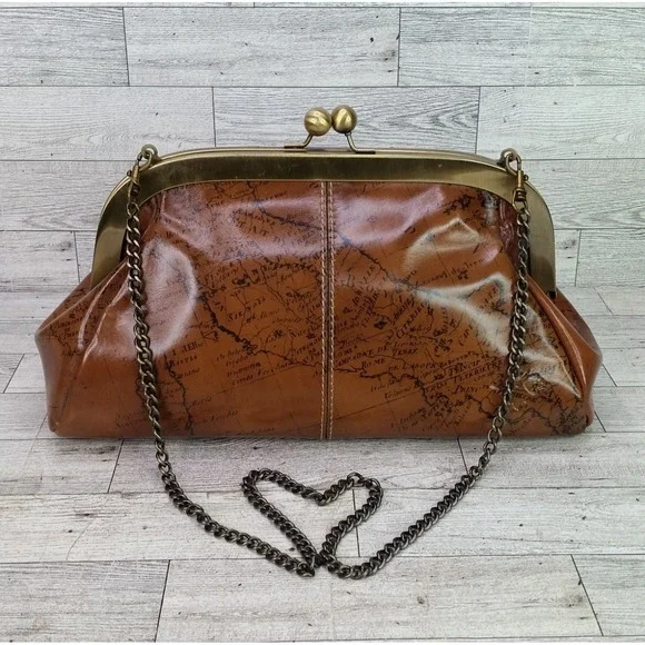 Patricia Nash Mia Leather Shoulder Bag Map Design Framed Satchel Kisslock Brown