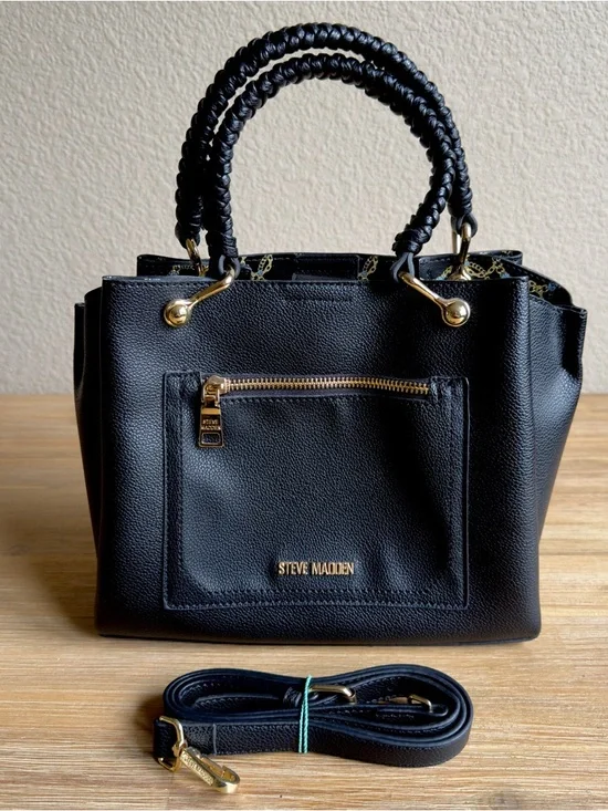 Steve Madden Black Satchel with Gold Hardware and Braided Handles