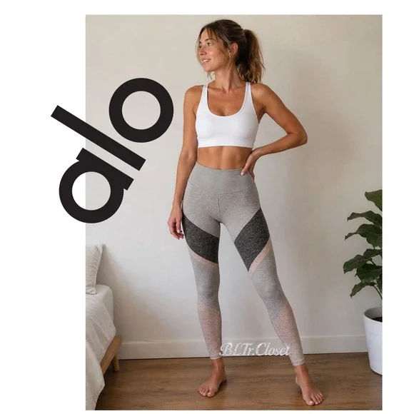 Alo Yoga Colorblock High Waist Leggings Grey Pink Chevron Sz S Granola Yoga Core