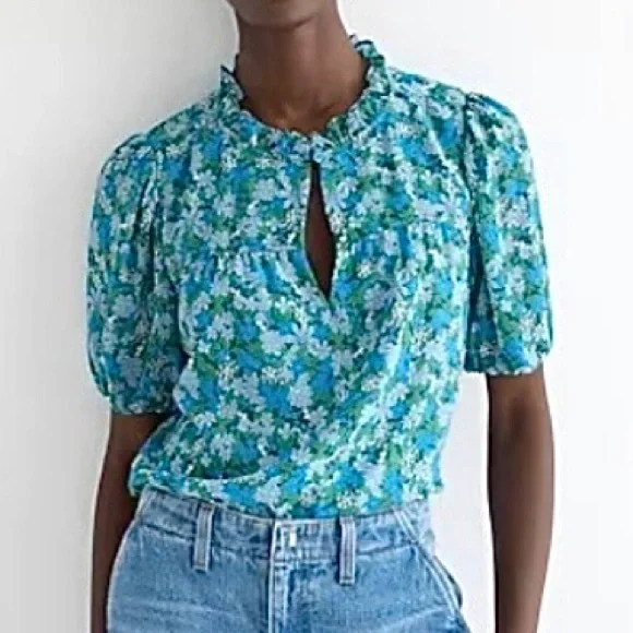 J.Crew Ruffle-Trim Short-Sleeve Top in Hyacinth Fields Size M